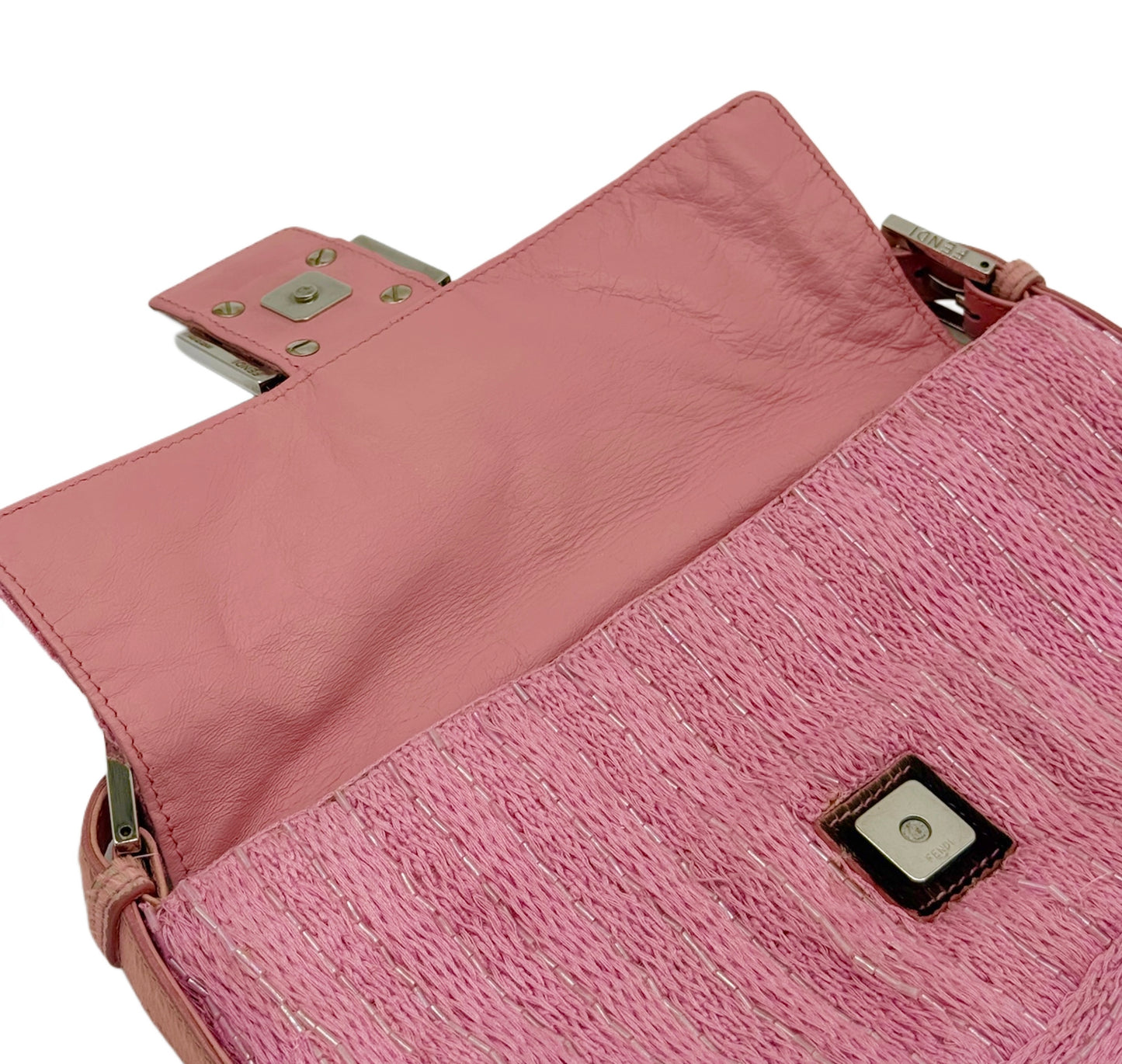 Fendi Vintage Pink Knit Silver Beaded Shoulder Baguette Bag w Cow Print Pony Hair Trim