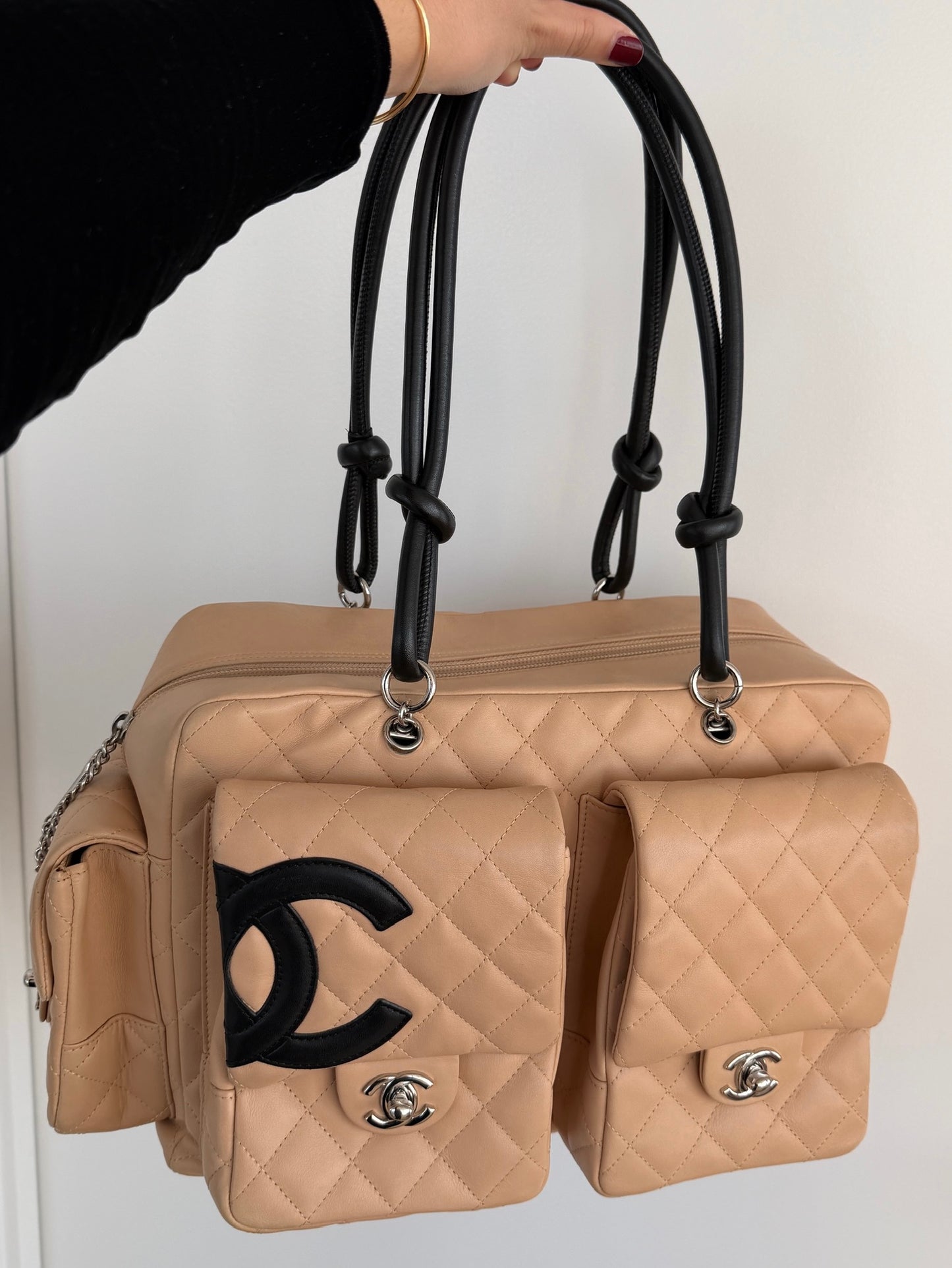 Chanel Vintage 00s Beige Quilted Lambskin Black CC Cambon Large Reporter Shoulder Bag