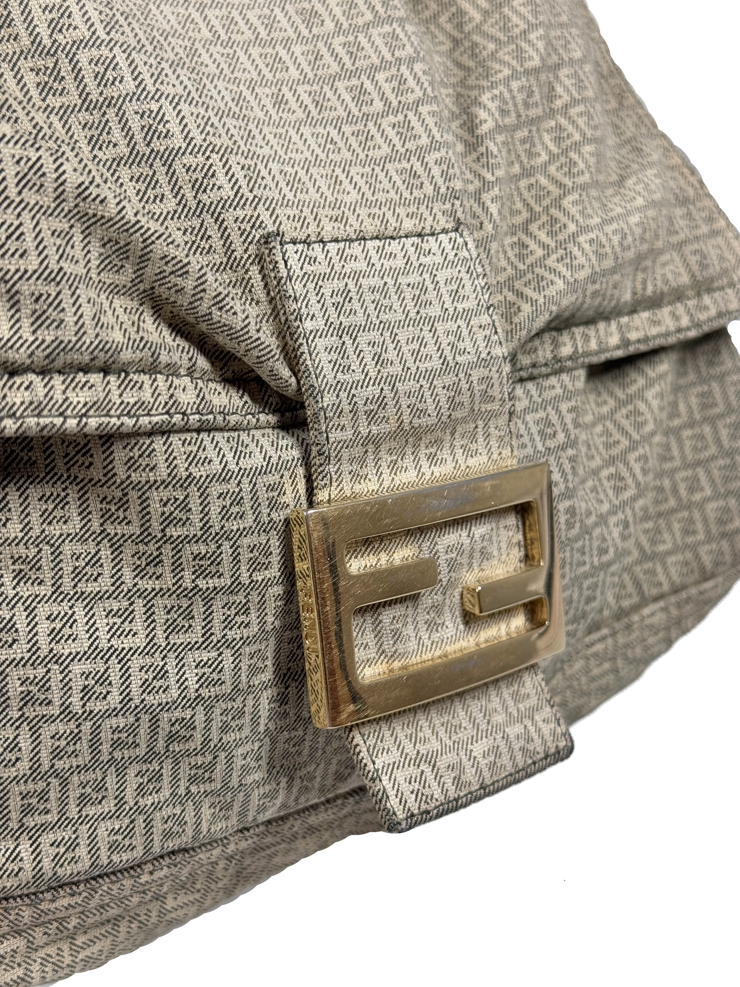 Fendi Vintage Grey Beige Zucchino Canvas Mama Baguette Shoulder Bag