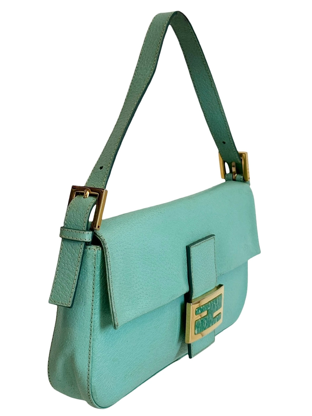 Fendi Vintage Blue Pebbled Leather Quartz Logo Shoulder Baguette Bag