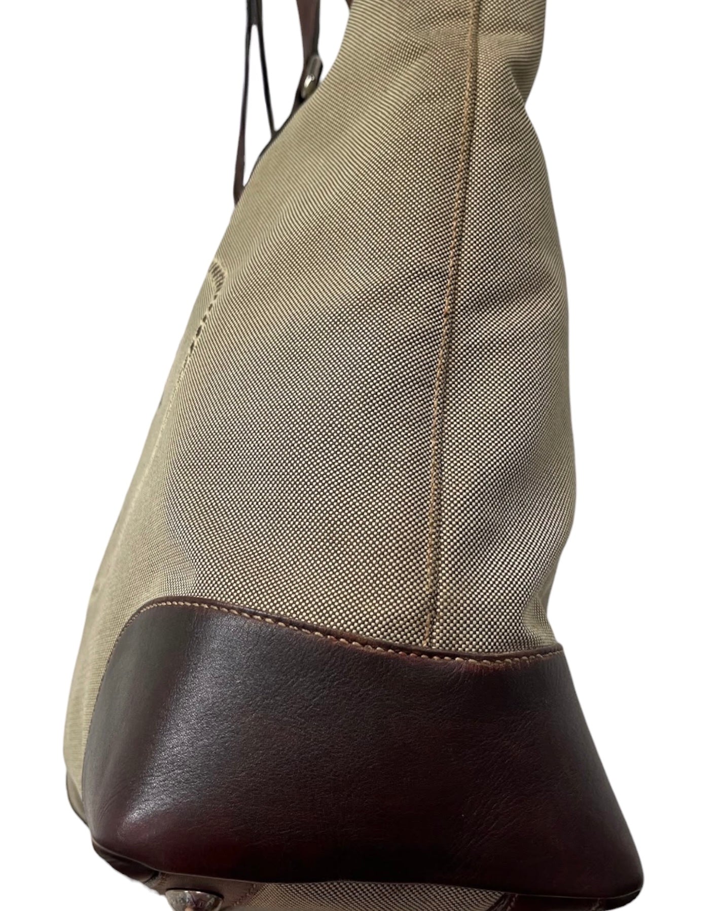 Prada Vintage Light Brown Jacquard Canapa Canvas Large Shoulder Tote Bag with Leather Trim 