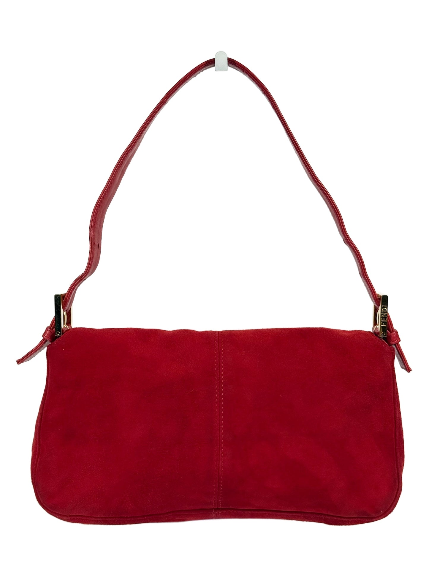 Fendi Vintage Red Suede Purple Glitter Logo Shoulder Baguette Bag