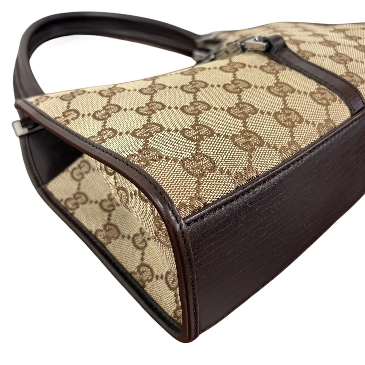 Gucci Vintage Brown GG Monogram Dark Brown Leather Trim Small Jackie Shoulder Bag