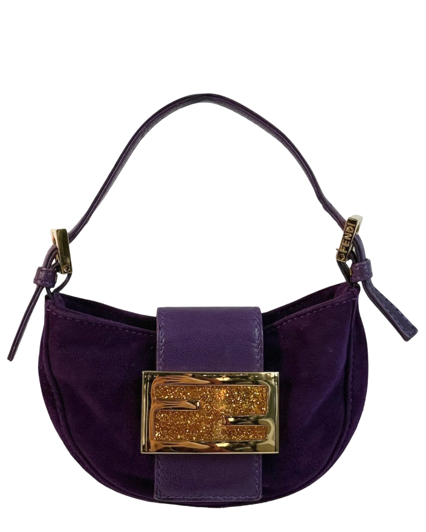 Fendi Vintage Purple Suede Gold Glitter Logo Mini Croissant Baguette Bag