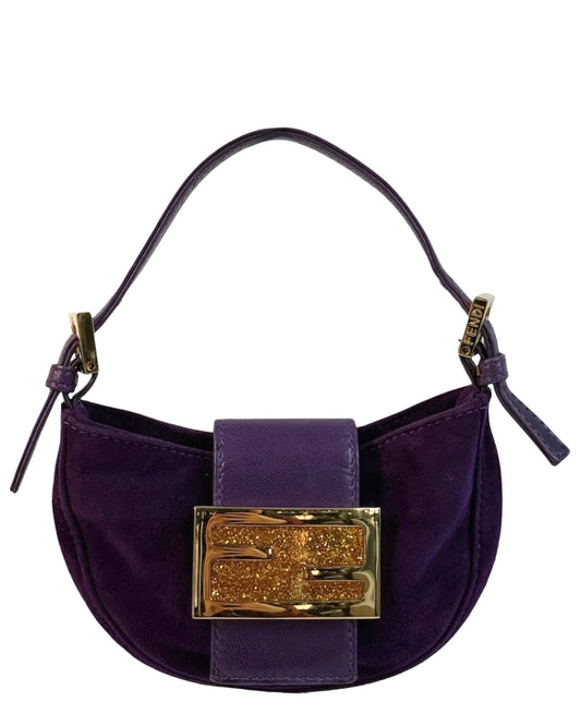 Fendi Vintage Purple Suede Gold Glitter Logo Mini Croissant Baguette Bag