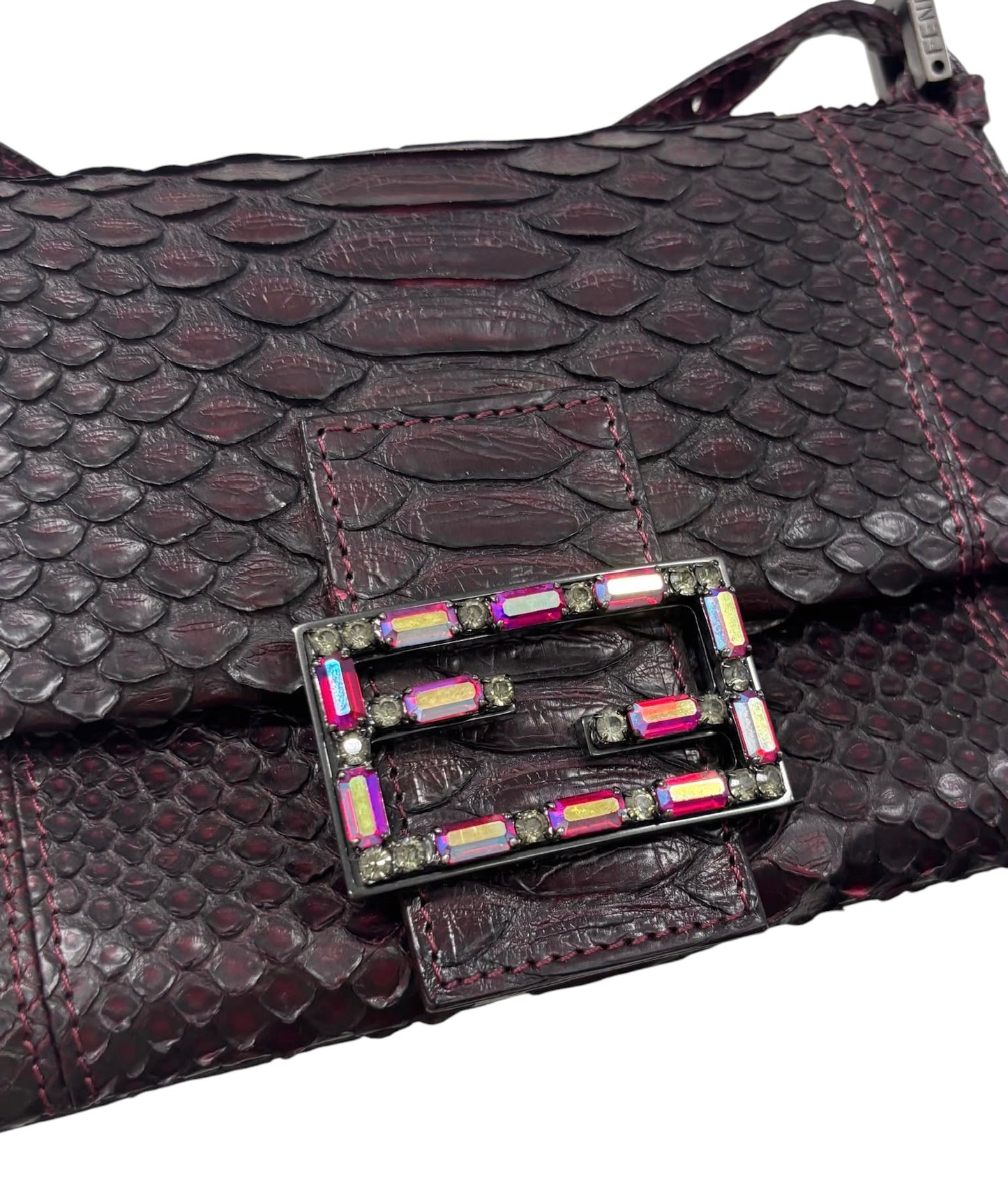 Fendi Vintage Bordeaux Python Leather Jeweled Logo Mini Mamma Shoulder Baguette Bag