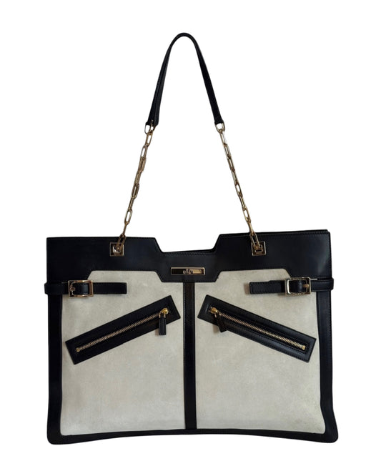 Gucci Vintage Beige Suede Black Leather Chain Link Medium Shoulder Tote Bag