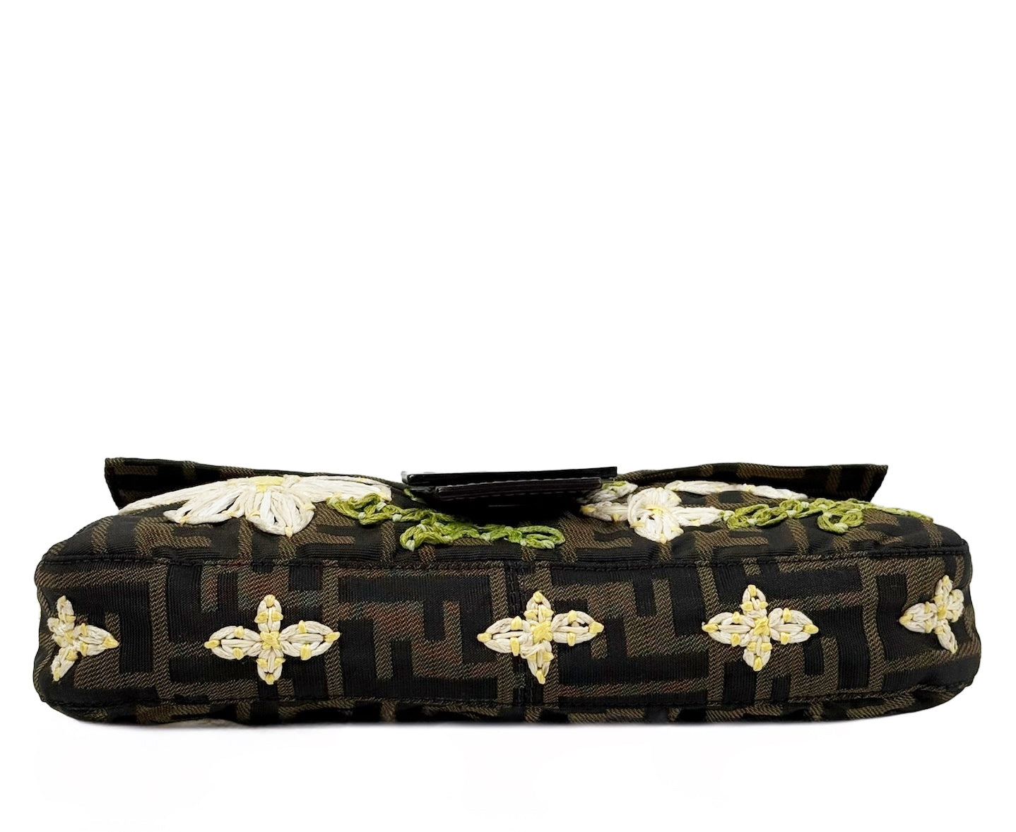 Fendi Vintage Brown Monogram Floral Embroidered Tulle Zucca Monogram Shoulder Baguette Bag