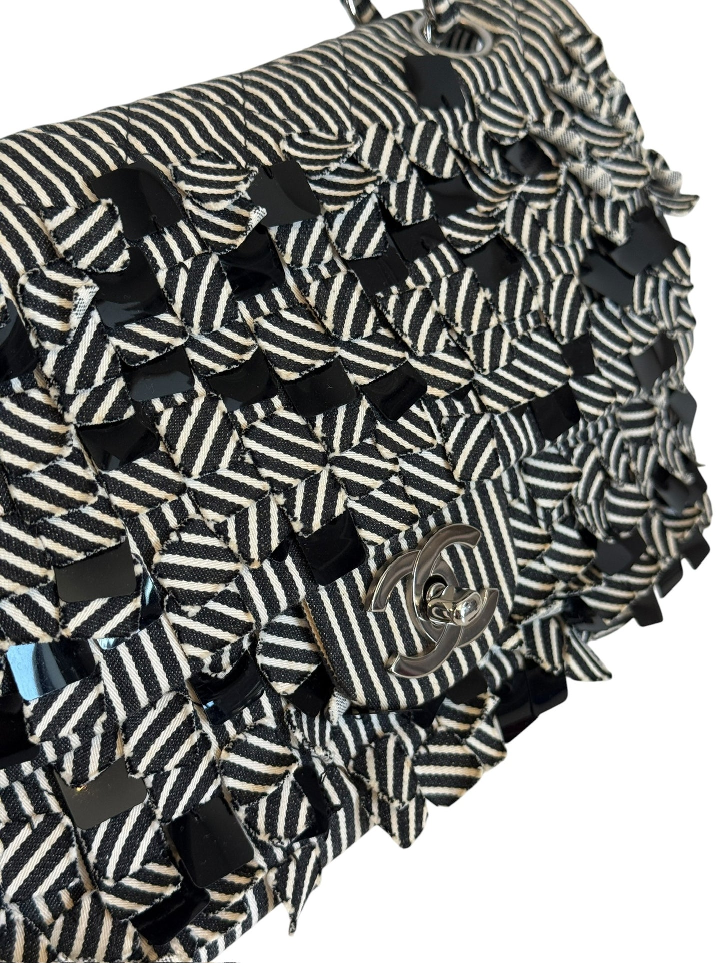 Chanel Vintage 2008 Black & White Striped Quilted Canvas Sequin Medium Classic Double Flap Bag