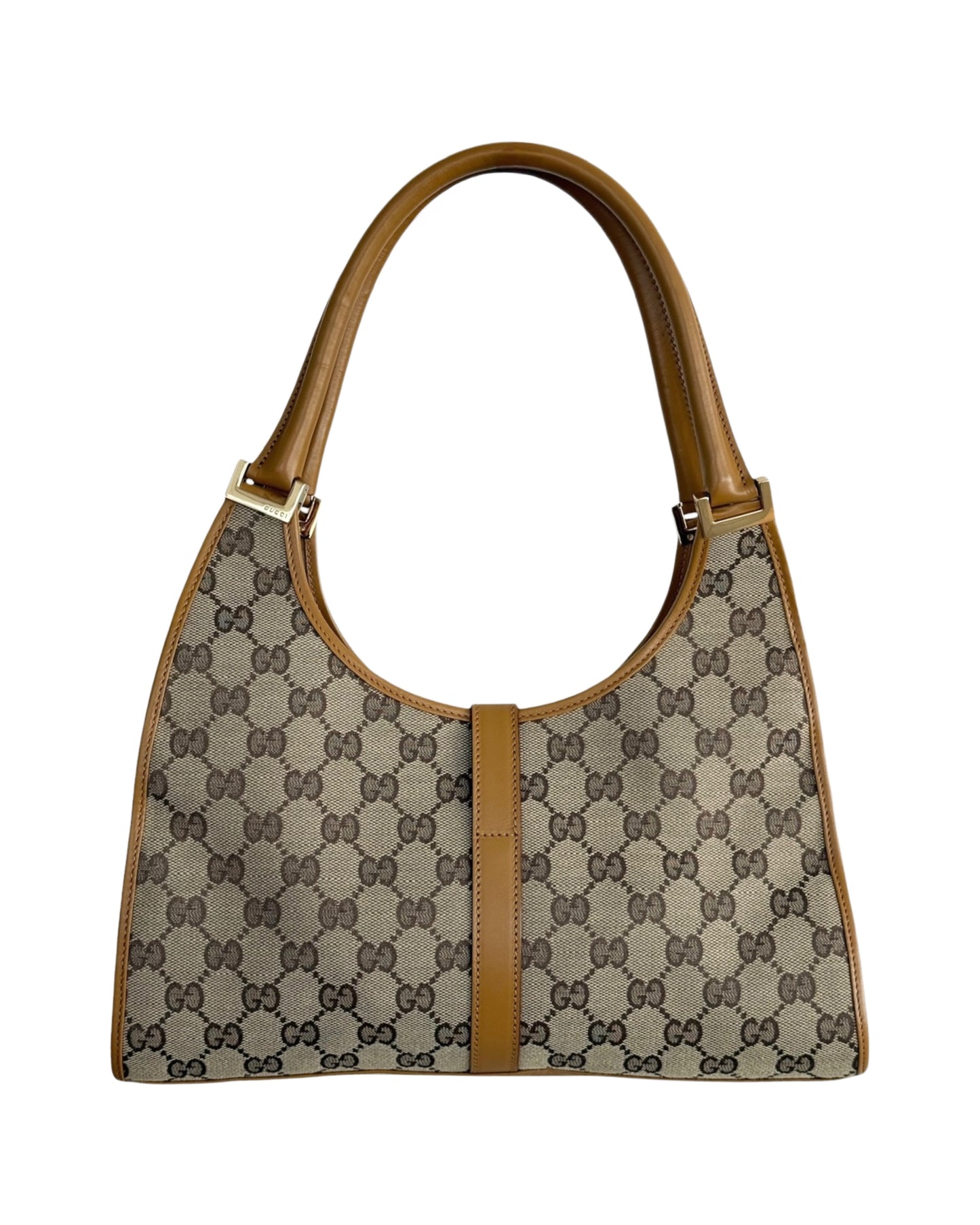 Gucci Vintage Brown GG Monogram Light Brown Leather Trim Medium Jackie Shoulder Bag