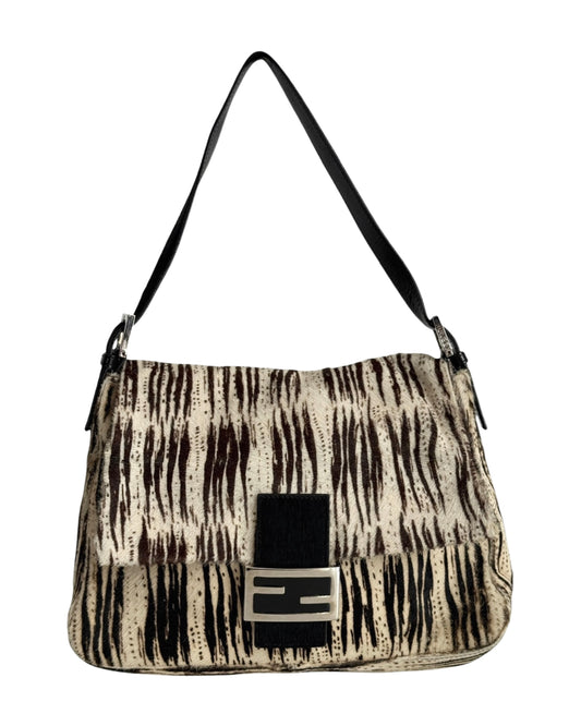 Fendi Vintage Black & White Zebra Animal Print Pony Hair Mamma Baguette Shoulder Bag