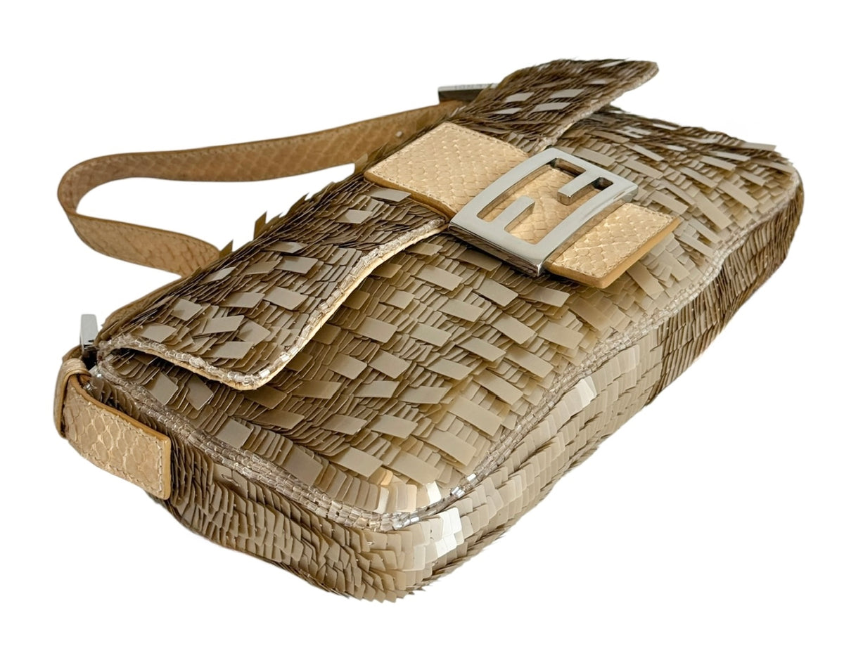 Fendi Vintage Champagne Gold Palliates Sequin Beaded Shoulder Baguette Bag with Python Trim