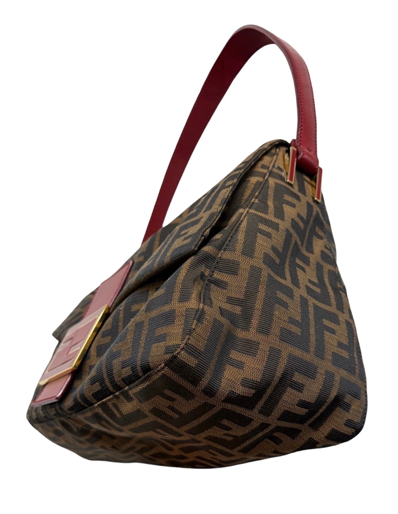 Fendi Vintage Brown Zucca Monogram Canvas Red Leather Trim XL Jumbo Mamma Baguette Shoulder Bag