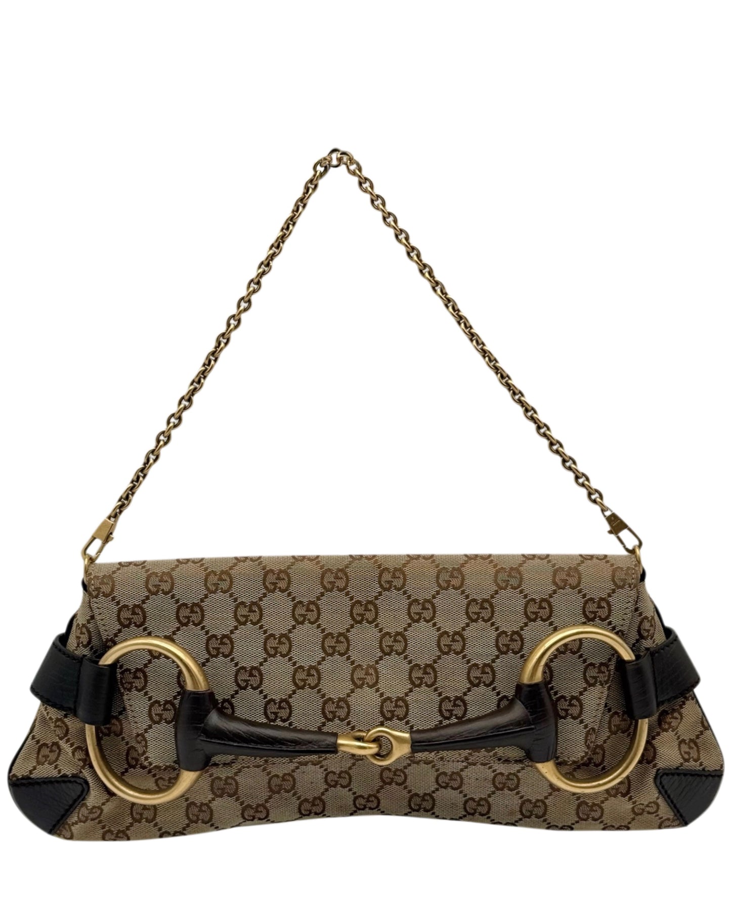 Gucci Vintage Brown GG Monogram Large Horsebit Shoulder Clutch Pochette Bag