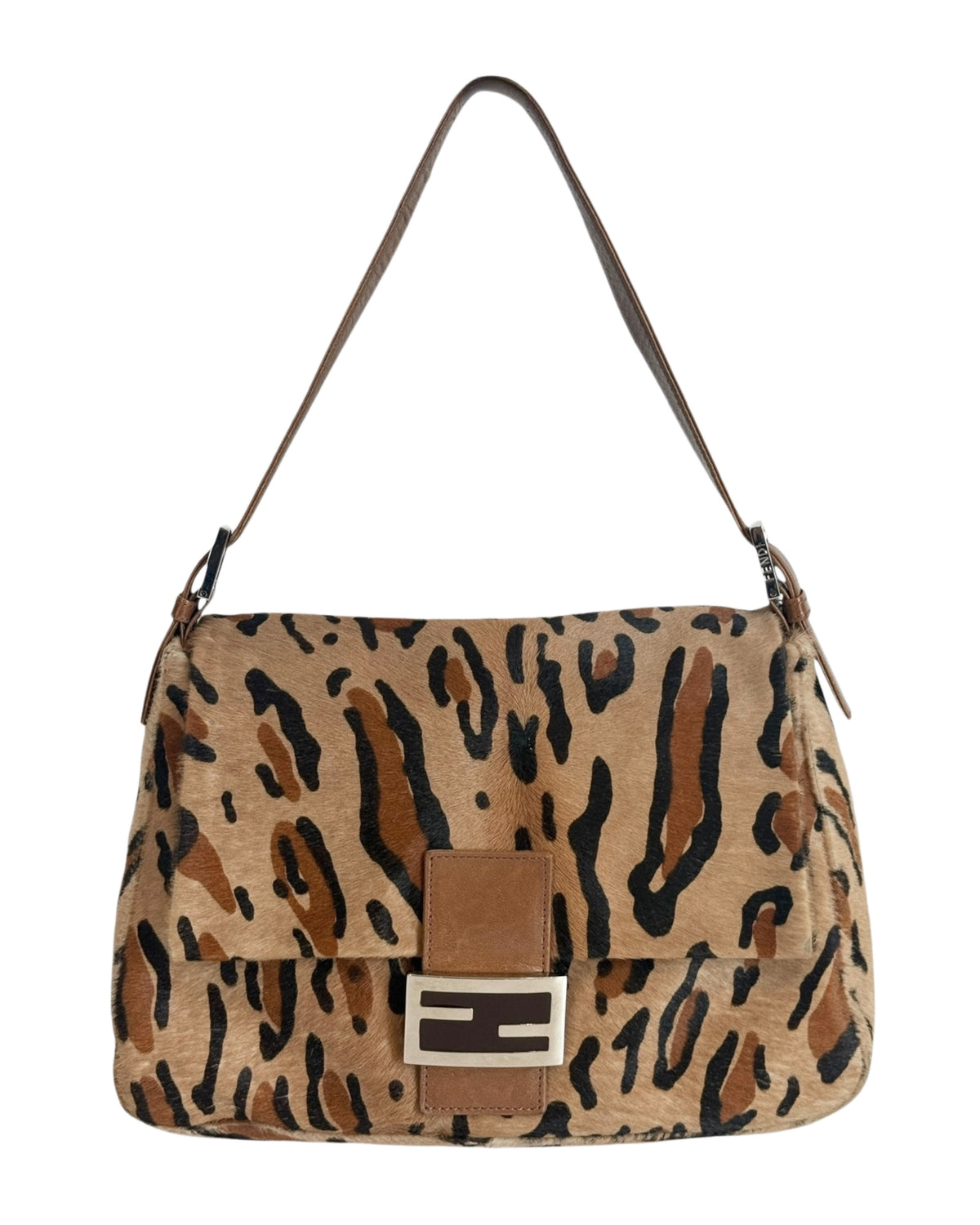 Fendi Vintage Brown Leopard Print Pony Hair Mamma Baguette Shoulder Bag
