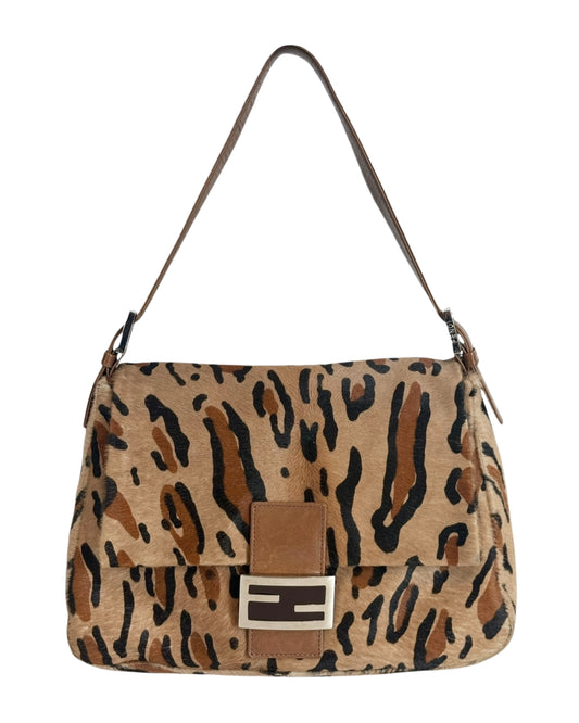 Fendi Vintage Brown Leopard Print Pony Hair Mamma Baguette Shoulder Bag