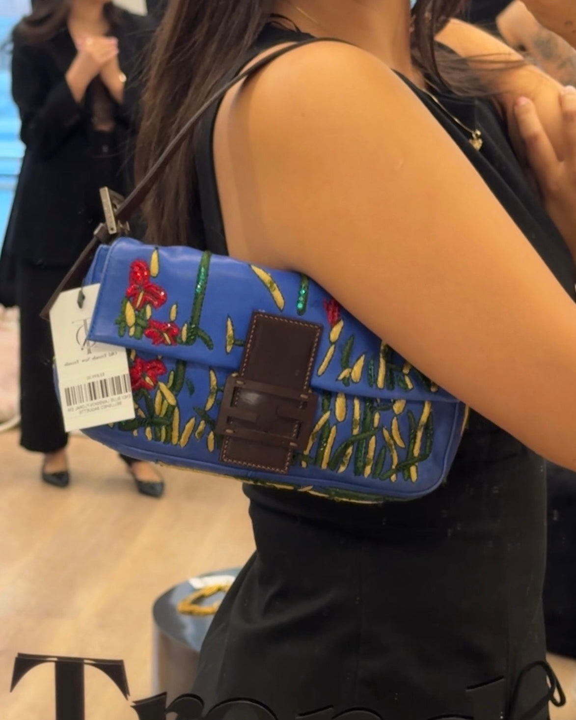 Fendi Vintage Blue Lambskin Floral Embroirdered Beaded Sequin Shoulder Baguette Bag 