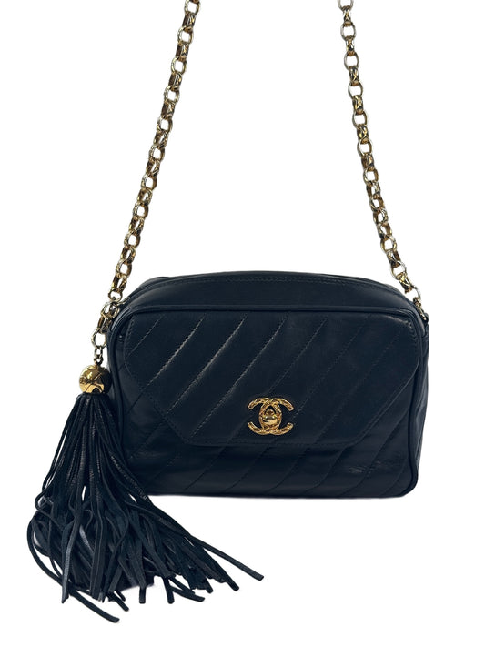 Chanel Vintage 90s Navy Blue Diagonal Quilted Lambskin Leather Tassel Camera Bag w 24K Gold Plated Hardware