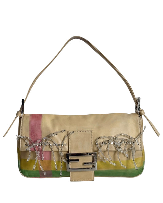 Fendi Vintage Pastel Rainbow Lambskin Leather Wire Beaded Fringe Shoulder Baguette Bag