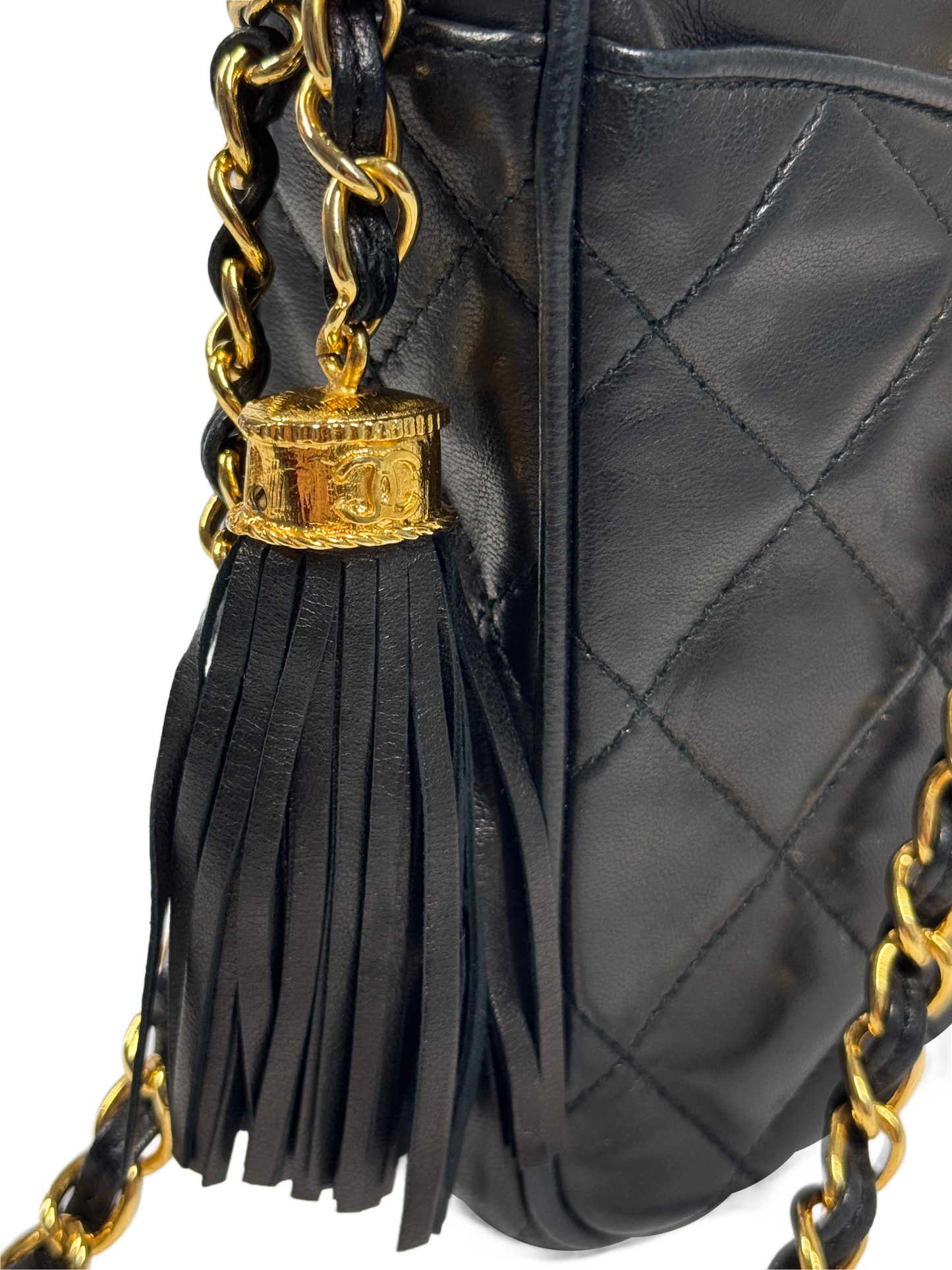 Chanel Vintage 80s Black Matelasse Quilted Lambskin Camera Chain Shoulder Bag with Fringe Tassel w 24K Gold Plated Hardware