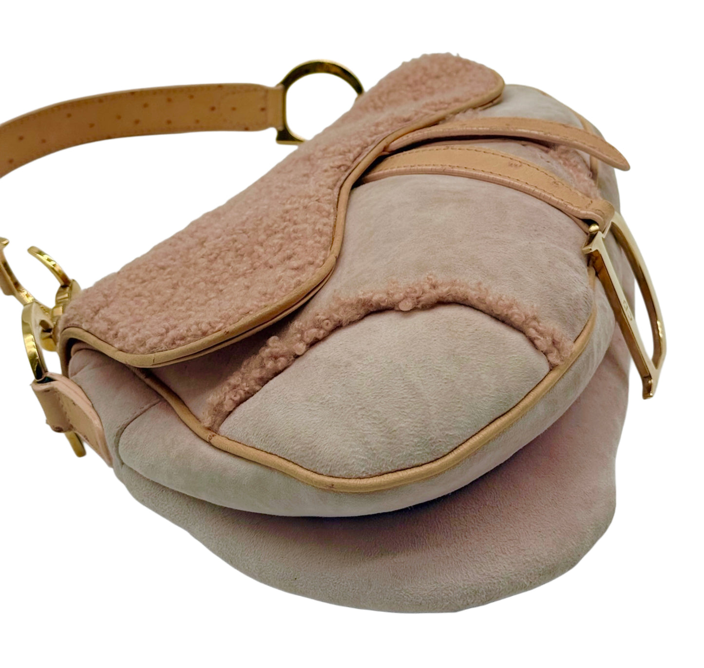 Dior Vintage 2000 Light Pink Micro Suede Shearling & Ostrich Trim Medium Saddle Shoulder Bag