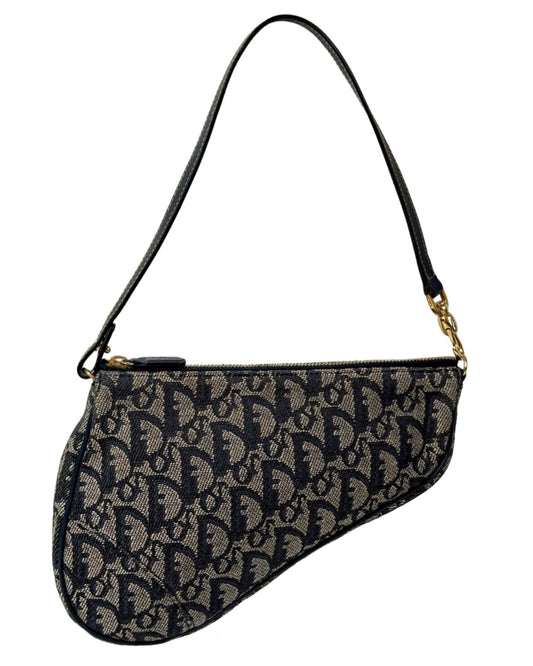 Dior Vintage 2001 Navy Blue Trotter Monogram Mini Saddle Pochette Shoulder Bag