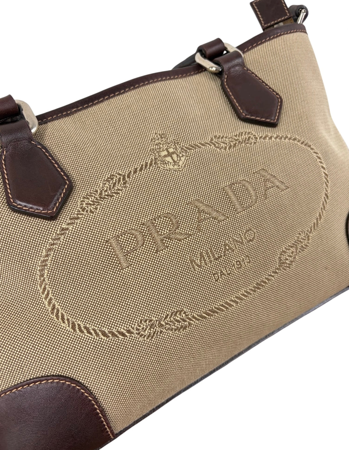 Prada Vintage 2006 Brown Jacquard Canvas Small Two-Way Shoulder Tote & Crossbody Bag