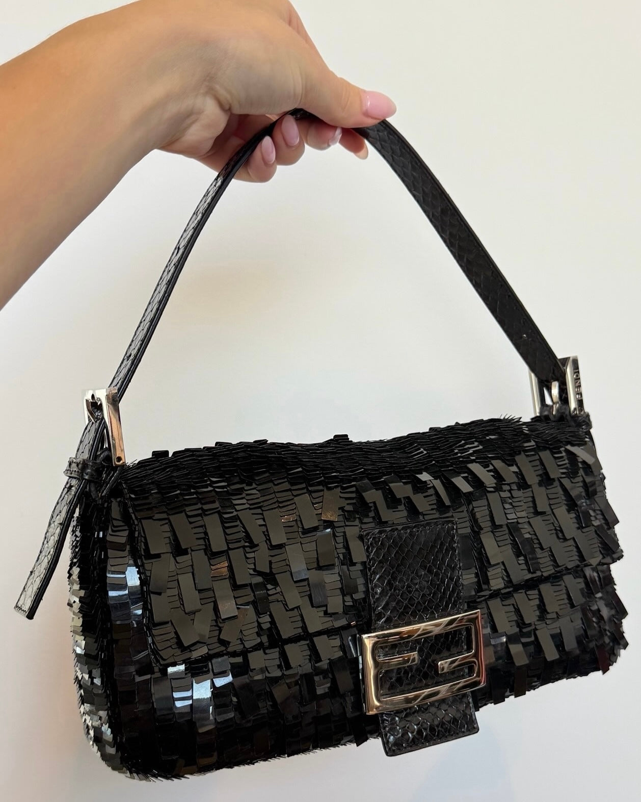 Fendi Vintage Black Palilettes Sequin & Beaded Shoulder Baguette Bag with Snakeskin Trim