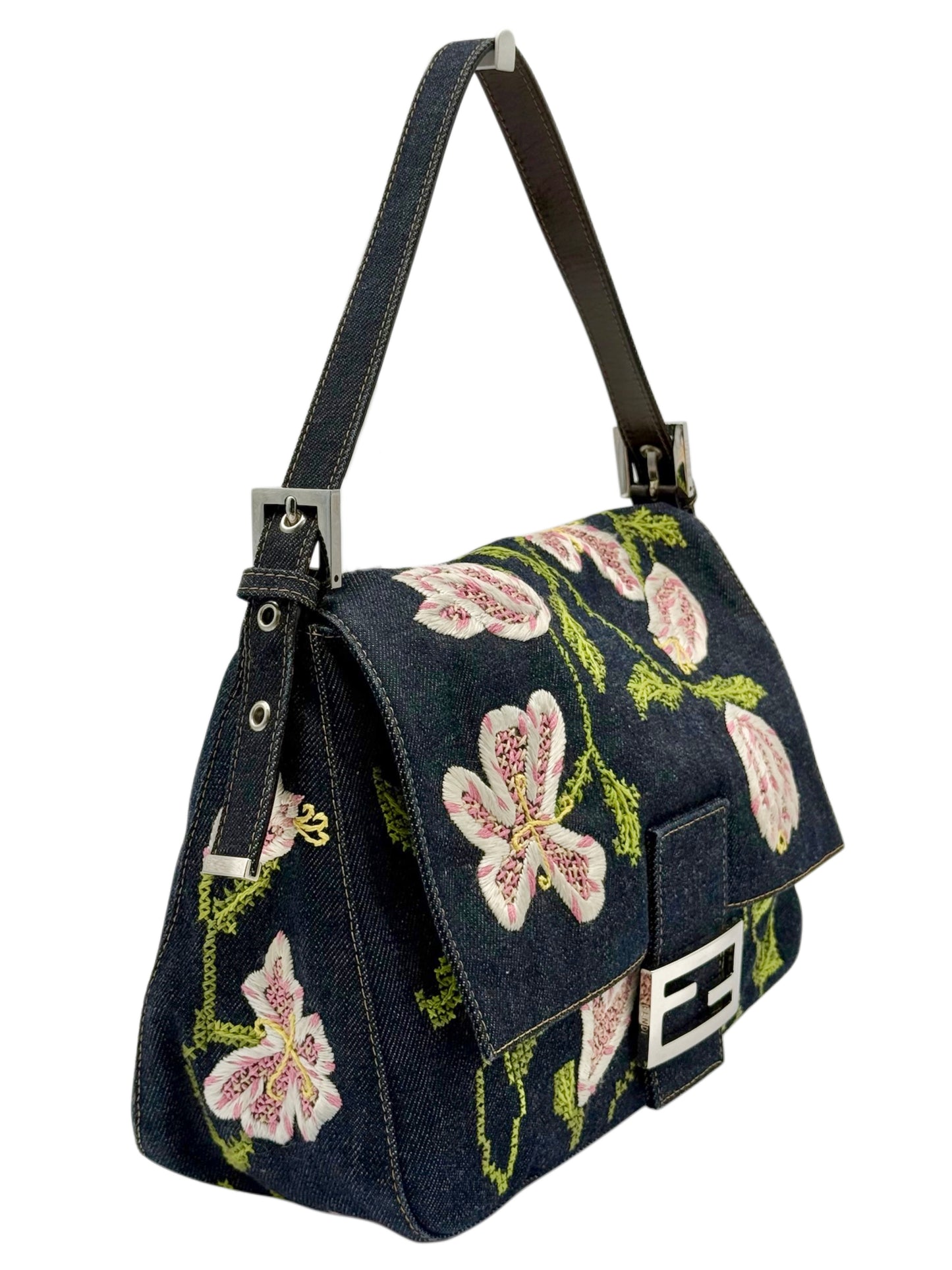 Fendi Vintage Blue Denim Pink Floral Embroidered Mamma Baguette Shoulder Bag