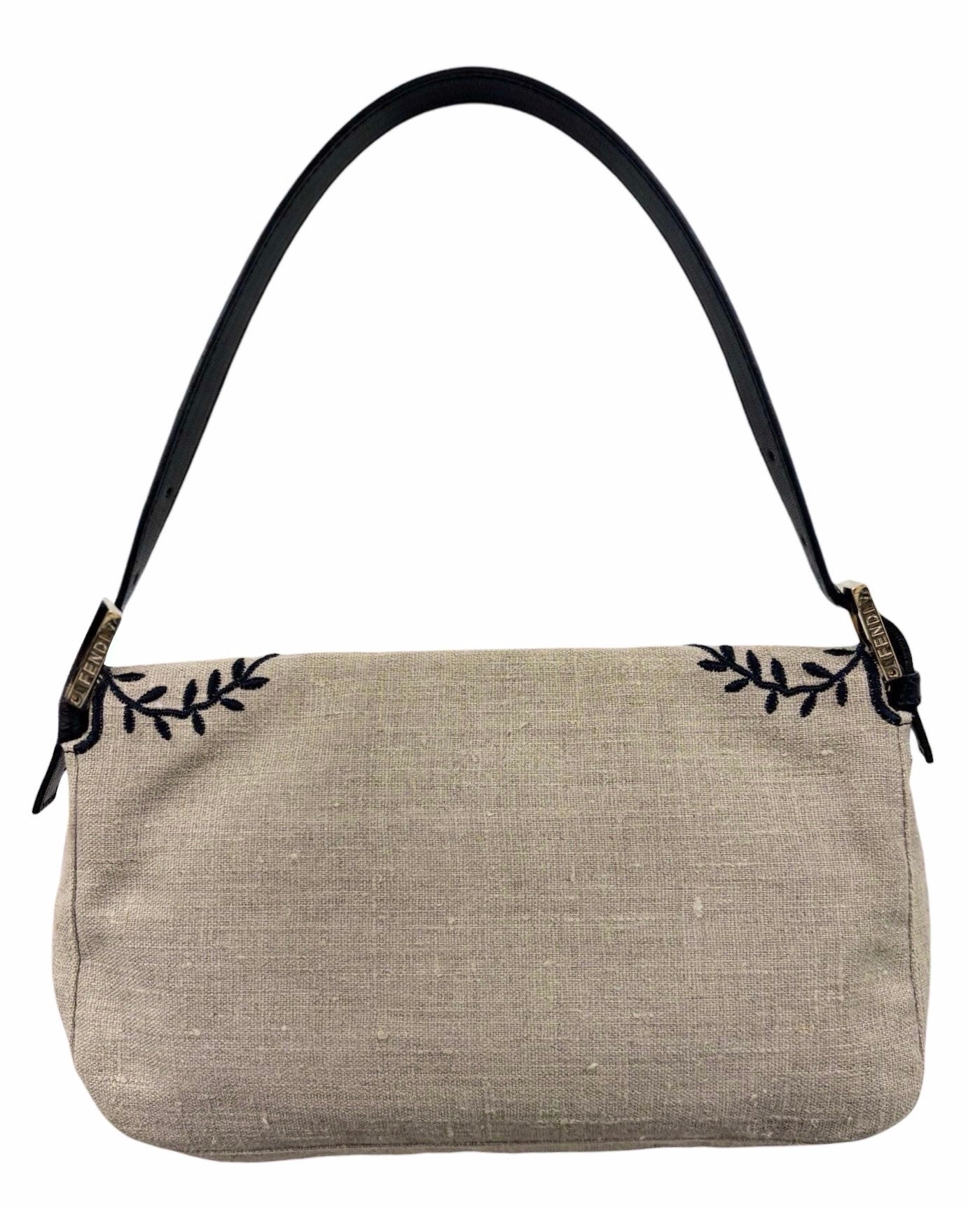 Fendi Vintage Beige Linen Black Floral Embroidered Shoulder Baguette Bag 