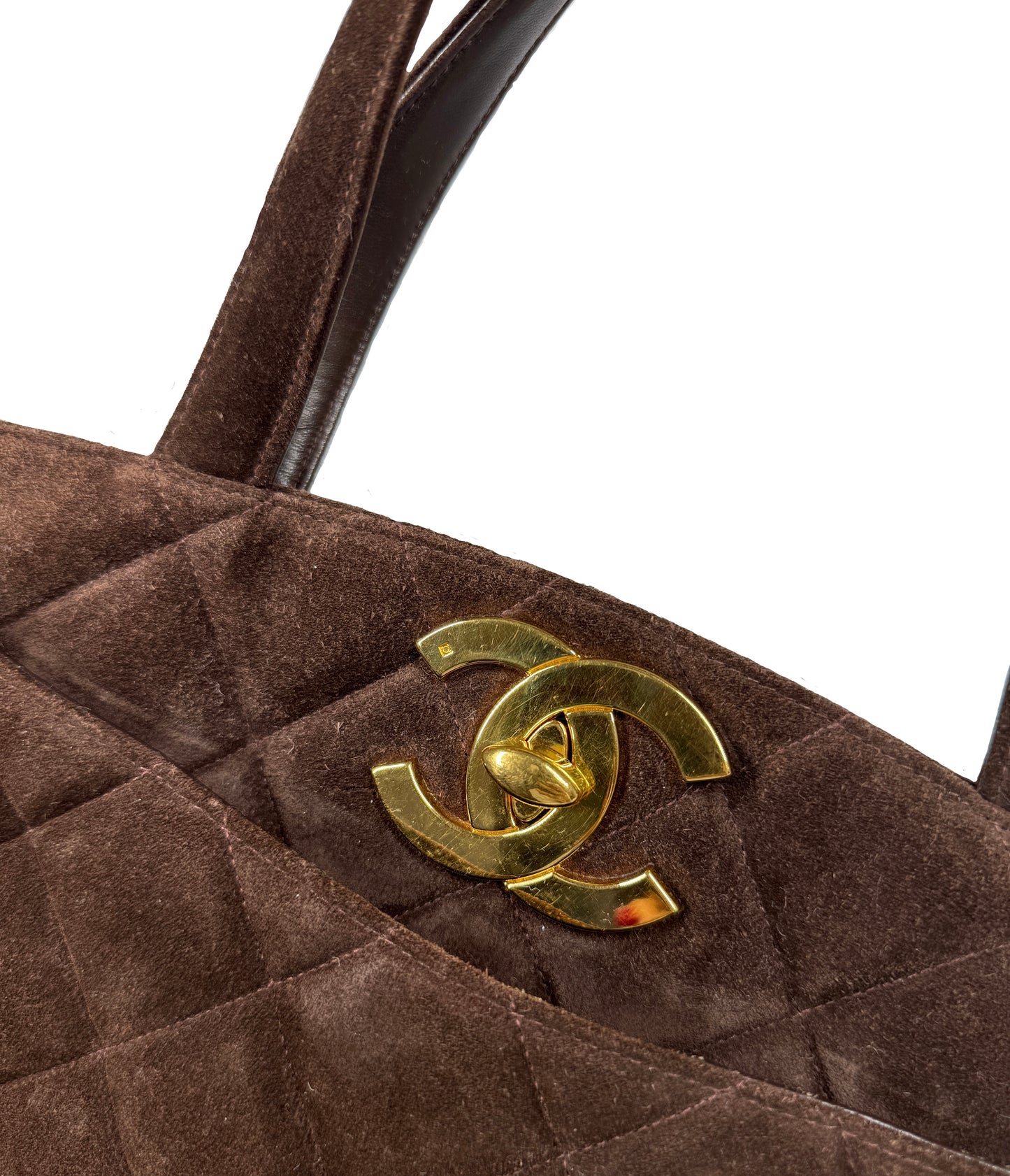 Chanel Vintage 90s Brown Quilted Suede Jumbo CC Matelasse Top Handle Handbag Bag