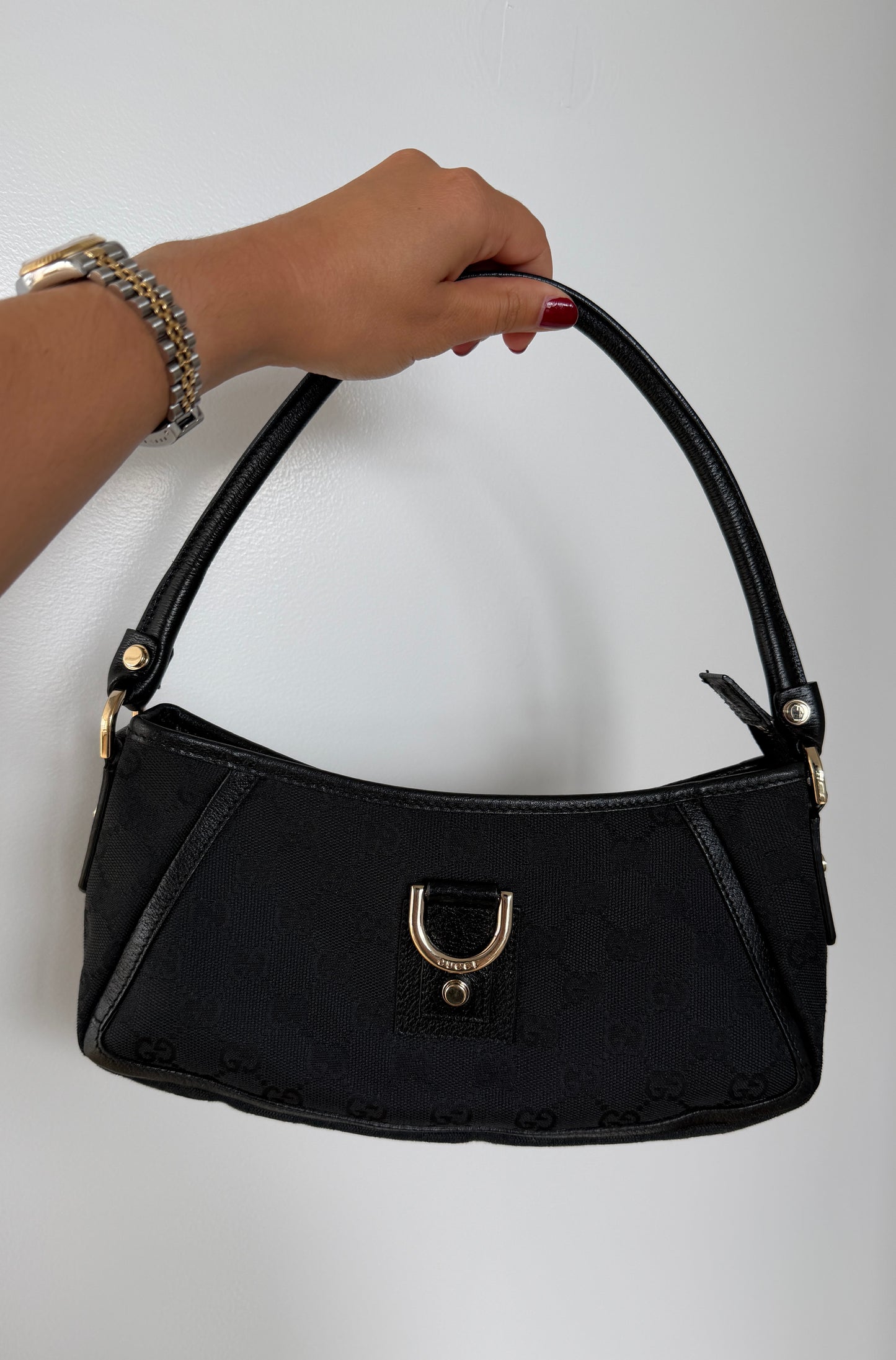 Gucci Vintage Black GG Monogram Canvas Round D Ring Abbey Pochette Bag 