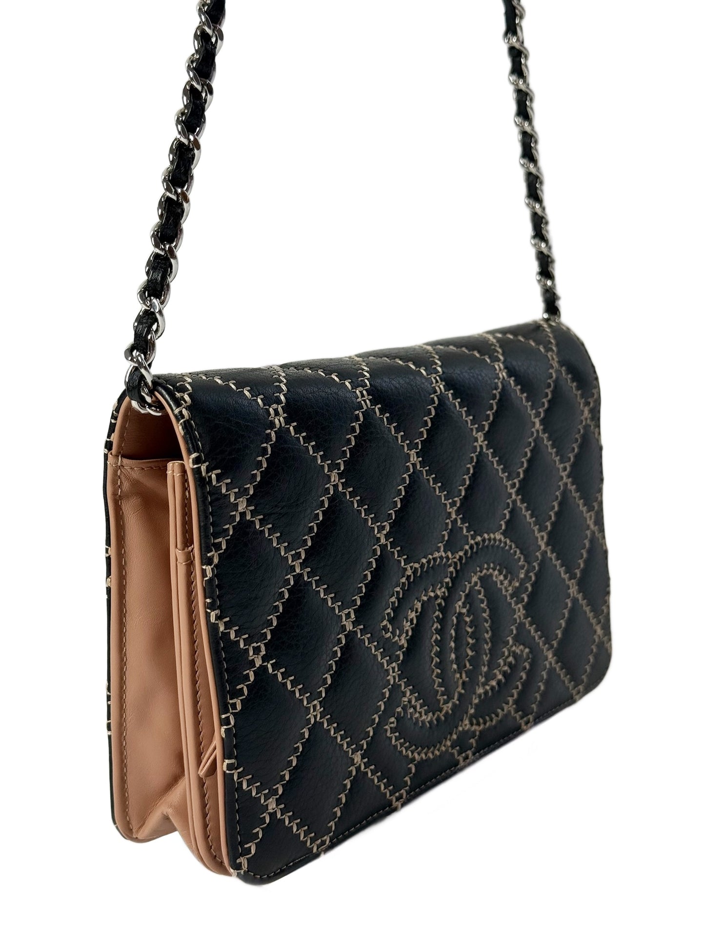 Chanel Black Calfskin Beige CC Wild Stitch Wallet on Chain