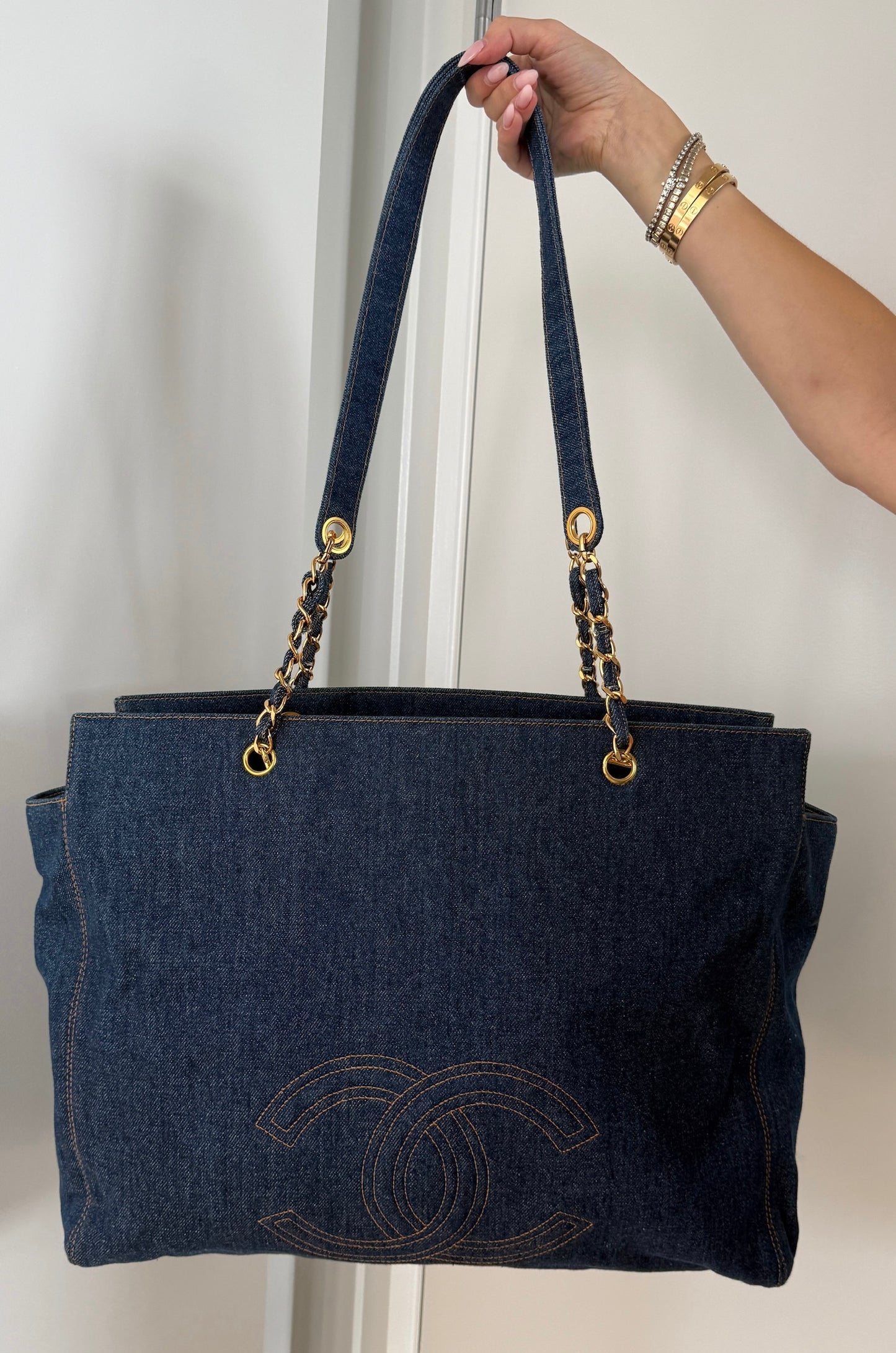Chanel Vintage 90s Blue Denim CC XL Shoulder Tote Bag
