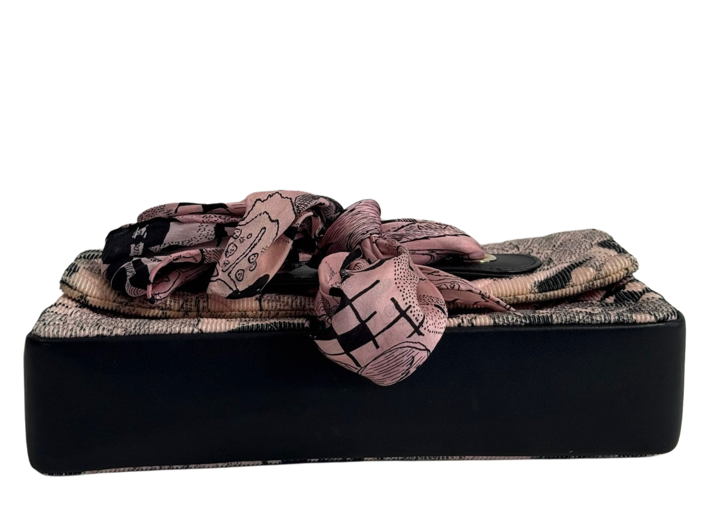 Chanel Pink & Black Corduroy CC Logo Camellia Motif Satin Bow Small Shoulder Classic Flap Bag