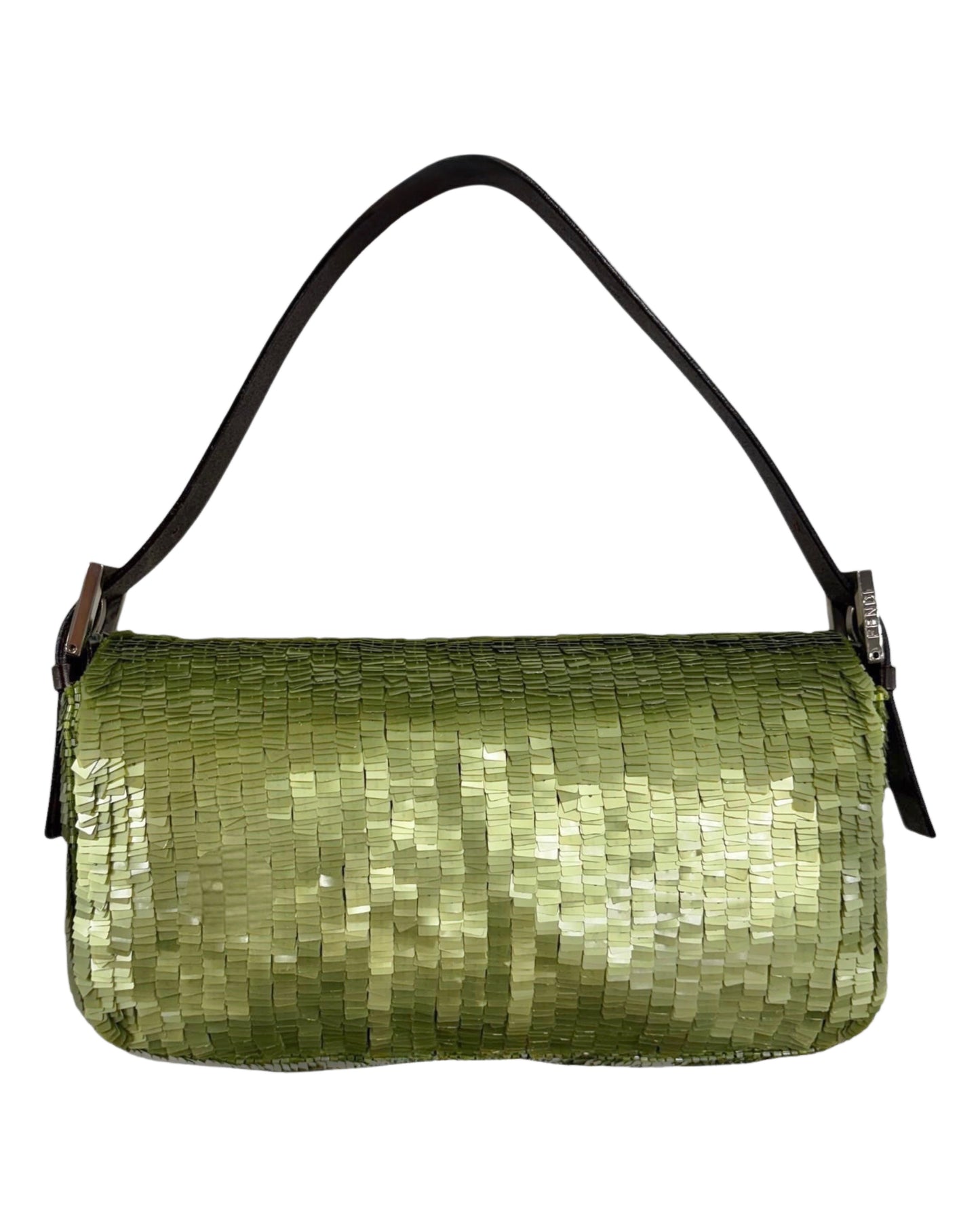 Fendi Vintage Green Paillattes Sequin Beaded Shoulder Baguette Bag 