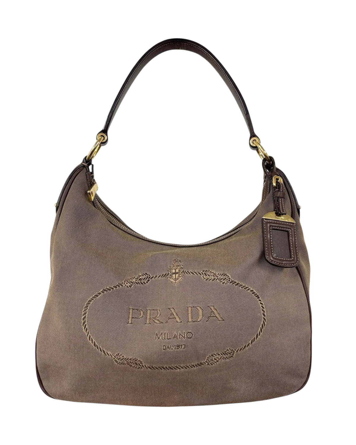 Prada Vintage Dark Brown Jaquard Logo Medium Hobo Shoulder Bag