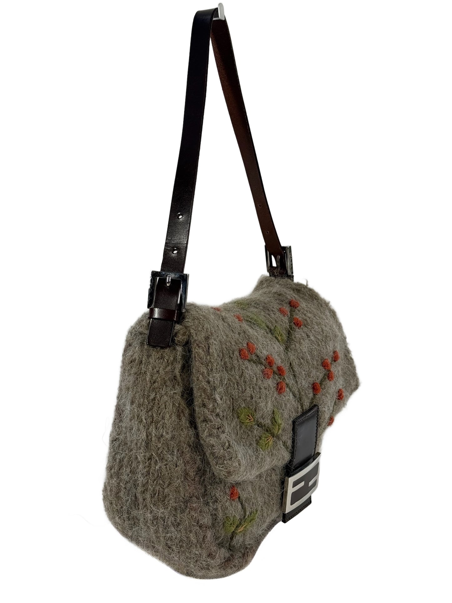 Fendi Vintage Grey Wool Knit Cherry Embroidered Shoulder Mamma Baguette Bag
