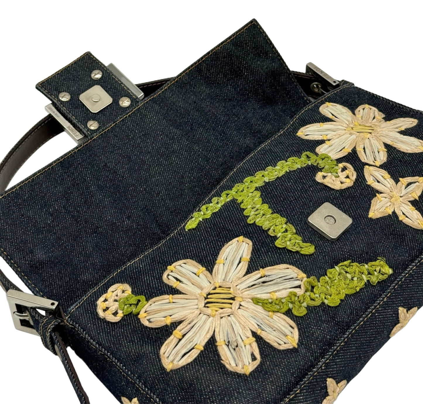 Fendi Vintage Blue Denim Tulle Floral Embroidered Shoulder Baguette Bag