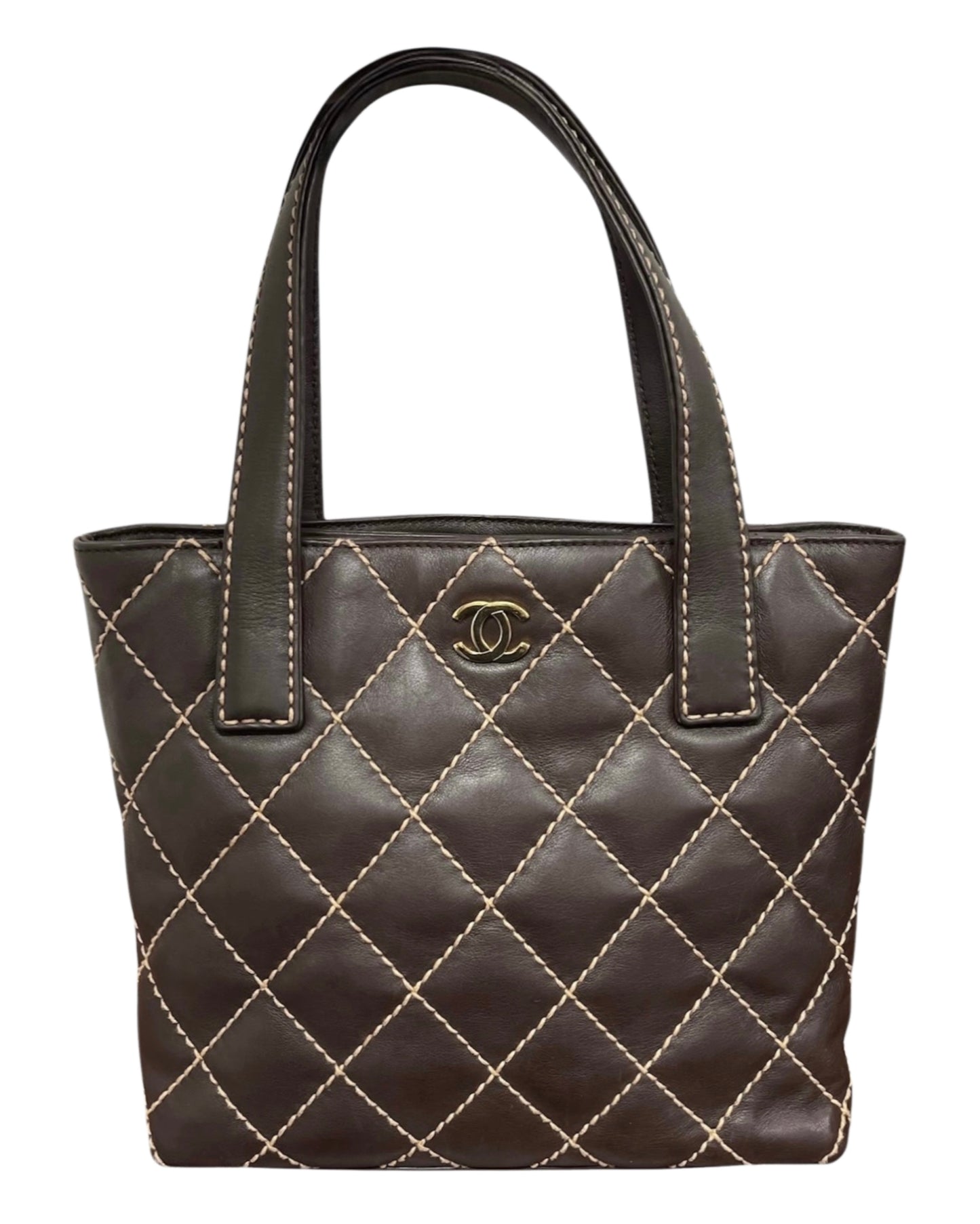 Chanel Vintage 00s Dark Brown Wild Stitch Quilted Lambskin Small Shoulder Tote 