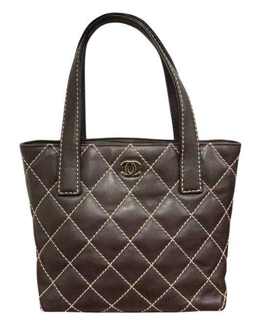 Chanel Vintage 00s Dark Brown Wild Stitch Quilted Lambskin Small Shoulder Tote 