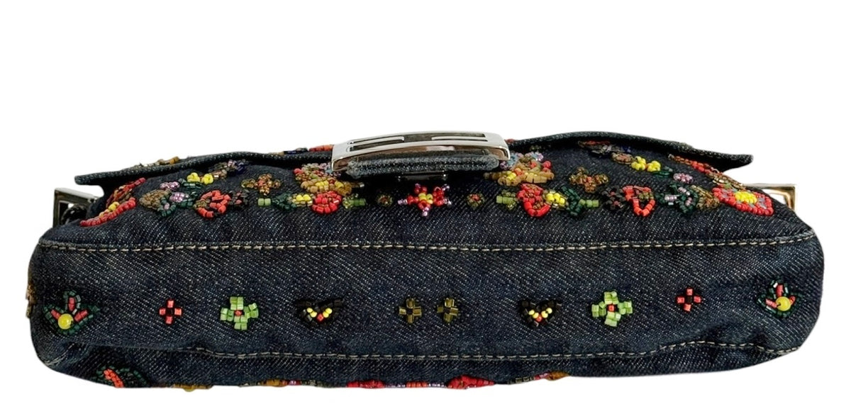 Fendi Vintage Blue Denim Floral Embroidered Beaded Shoulder Baguette Bag