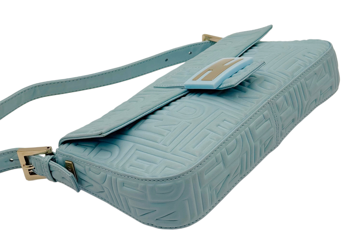 Fendi Vintage Blue Nappa Embossed Logo Leather Shoulder Baguette Bag