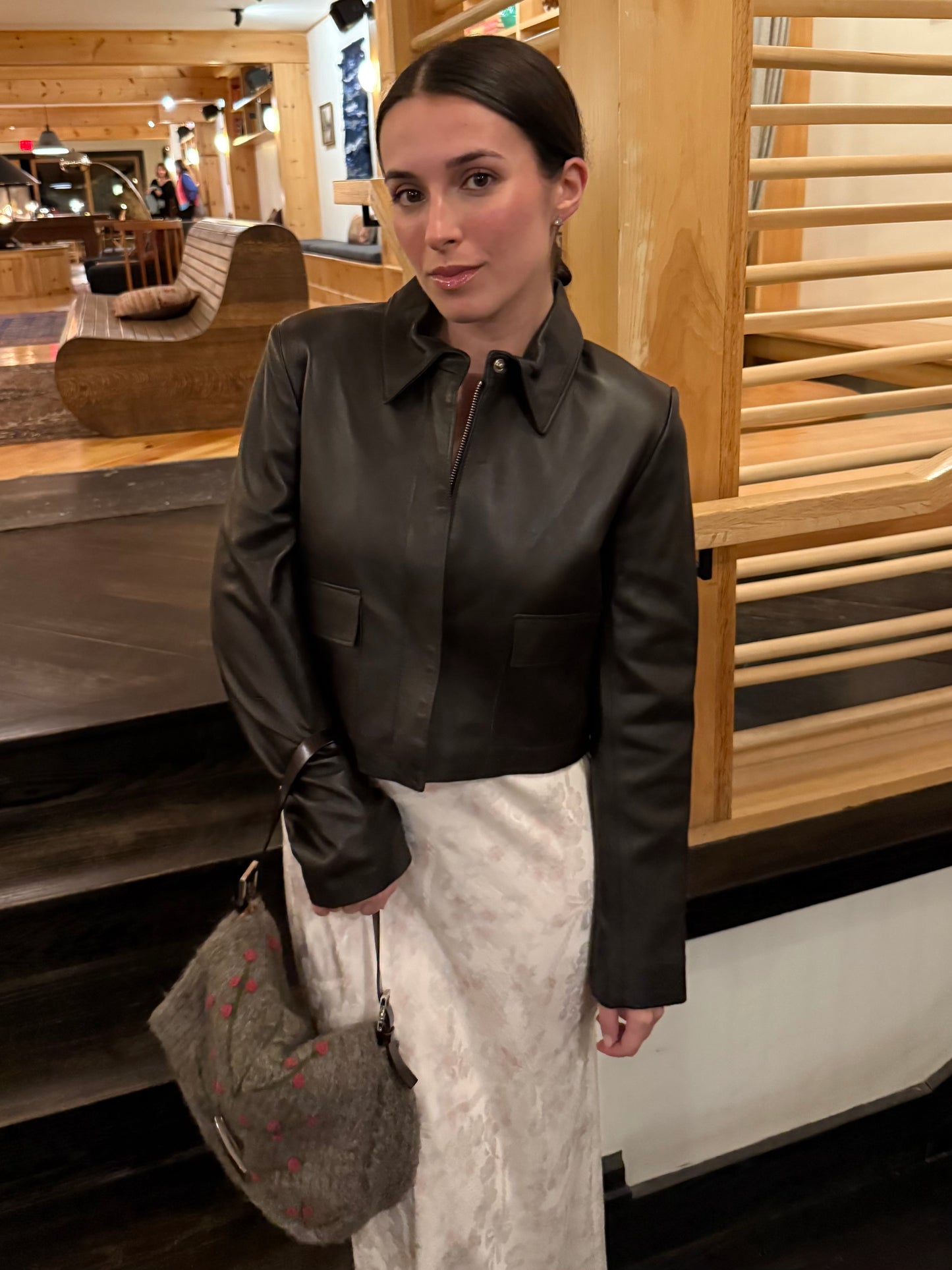 Fendi Vintage Grey Wool Knit Cherry Embroidered Shoulder Mamma Baguette Bag