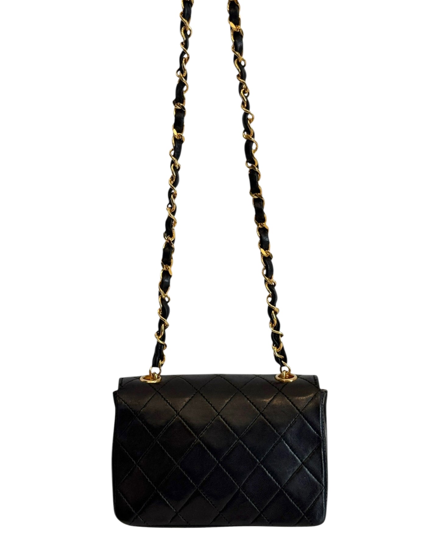 Chanel Vintage 80s Black Quilted Lambskin Micro Mini Rectangular Classic Flap Bag with 24K GPHW