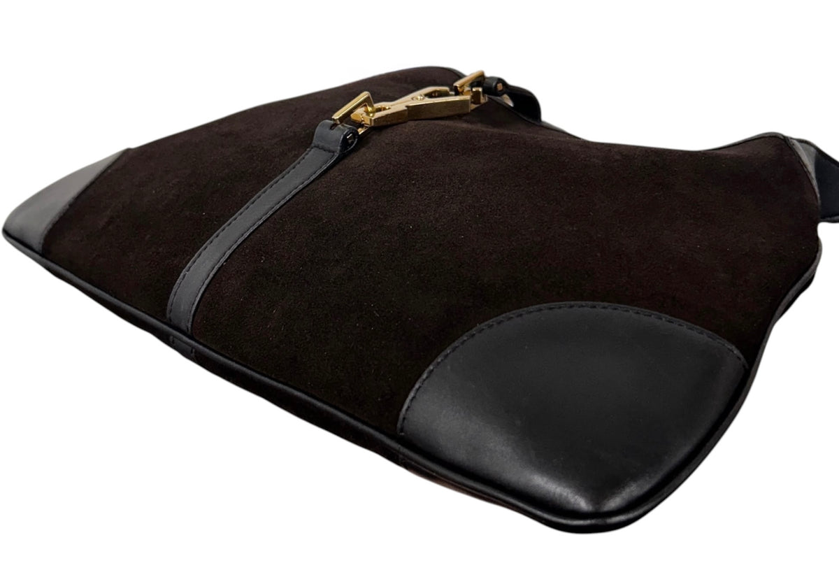 Gucci Vintage Dark Brown Suede Leather Trim Small Jackie Bamboo Handle Shoulder Bag