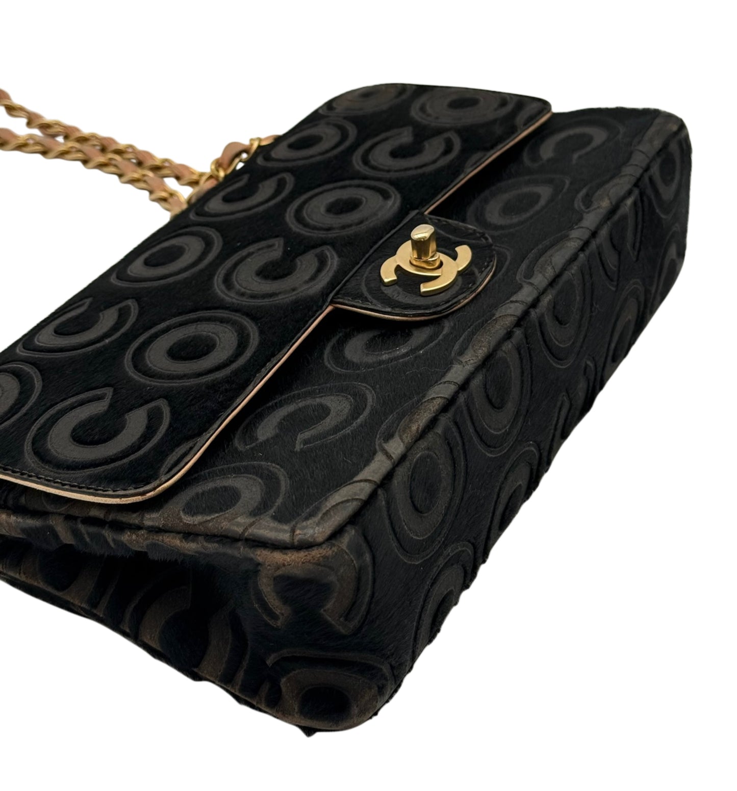 Chanel Vintage 00s Black Pony Hair Coco Embossed Logo Medium Classic Double Flap Bag