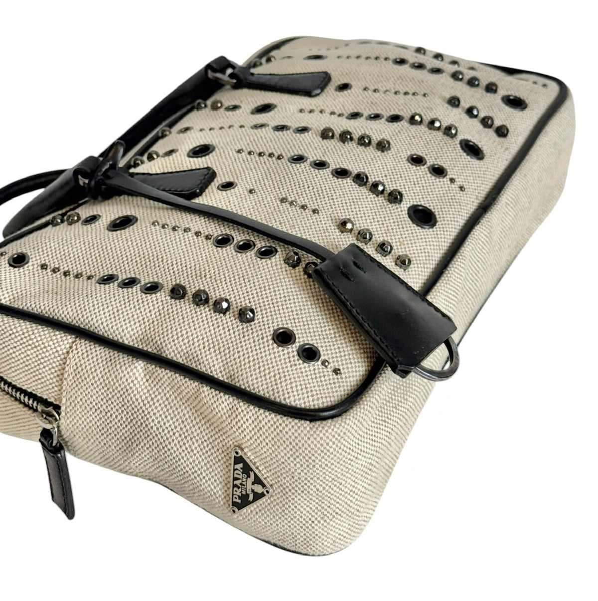 Prada Vintage Gray Canvas Scamosciato Grommet Top Handle Bag with Black Leather Trim