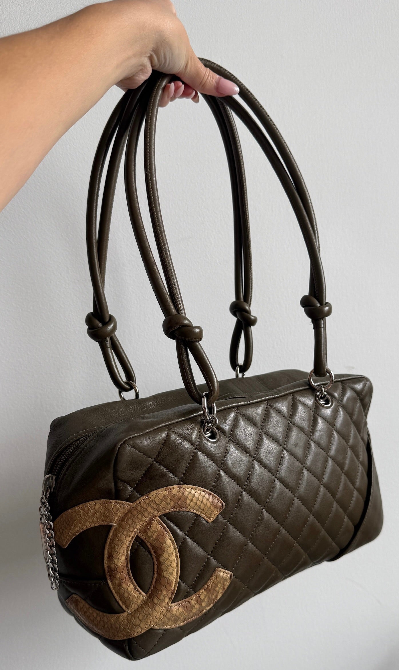 Chanel Vintage 2005 Khaki Green Quilted Lambskin Python CC Logo Cambon Bowler Shoulder Bag