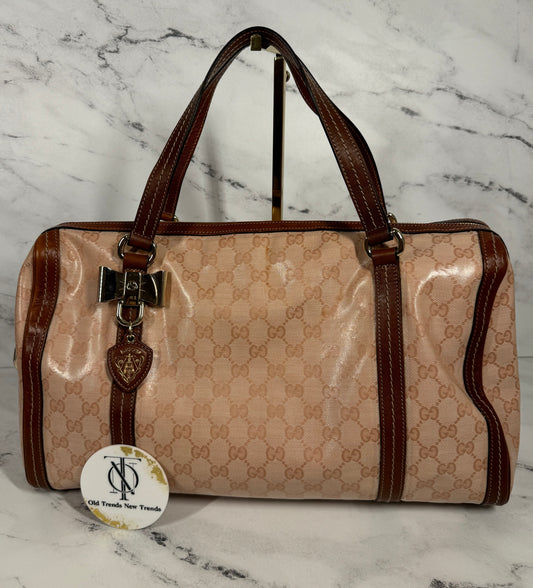 Gucci Vintage Pink GG Monogram Coated Canvas with Brown Leather Trim Large Crystal Duchessa Boston Bag